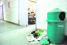 Waste baskets overflow with garbage at the Civil Hospital in Amritsar.