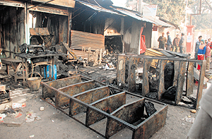The shops where fire broke out at midnight in Phase I of Mohali.