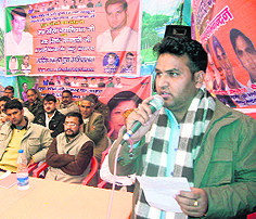 State BJYM president Vinod Kandari addresses a gathering during the Hoonkar Rath Yatra organised at Thatyur in Tehri Garhwal district on Saturday.