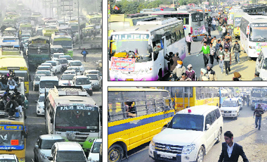 Long queues of vehicles caught in a traffic jam on the GT Road near Rama Mandi, BJP supporters had to walk several kilometers as the buses in which they arrived were stuck in a traffic jam and security personnel of Deputy Chief Minister Sukhbir Badal get the way cleared for his vehicle as he was caught in a traffic jam on the Rama Mandi-Hoshiarpur Road in Jalandhar on Saturday. 