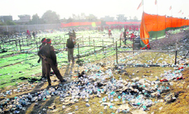 Disposable glasses littered all around the rally venue on Rama Mandi-Hoshiarpur Road in Jalandhar on Saturday. 