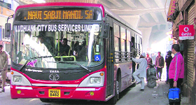 A man boarding a bus near the Mata Rani Chowk in Ludhiana on Saturday.