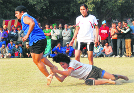 Players in action during the final match of kabaddi in Chandigarh on Sunday. 