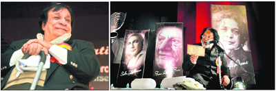 Kadar Khan attends All India Mushaira at Nehru Sidhant Kender in Ludhiana on Saturday; and (right) Anwar Jalalpuri recites a poem during the mushaira.