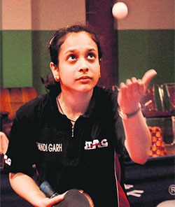 Garima Goyal plays a shot during the EFSO Open Table Tennis Tournament 2011 at Sector 23, Chandigarh. 