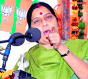 Leader of the Opposition in the Lok Sabha Sushma Swaraj addresses a rally of ex-servicemen in Dehradun on Monday