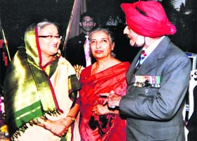 A file photo of Brigadier AS Brar (retd) and his wife Amritdeep Brar with Bangladesh Prime Minister Sheikh Hasina in Dhaka recently