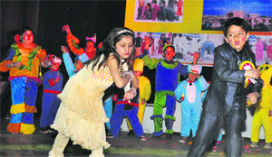 Students participate in the annual day celebrations of KS Public School in Jammu on Monday. 