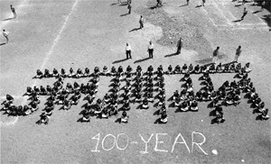 Schoolgirls make a human chain that reads "Jana Gana Mana" in Karad, Maharashtra on Monday. The National Anthem, Jana Gana Mana, completes 100 years on Tuesday.