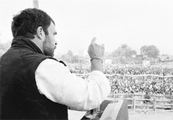 Congress general secretary Rahul Gandhi addresses a rally at Maholi in Uttar Pradesh on Monday