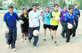 Players participate in the trials at Government Model Senior Secondary School, Sector 19, for the upcoming 40th Senior (Women) National Handball Championship to be held at Delhi from January 4. 