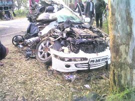 The mangled remains of a car that met with an accident in Phagwara on Monday. 