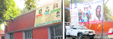 A hoarding of the SAD government on the Punjab School Education Board regional depot building; and (right) a hoarding of the Congress on the Shastri Market Road in Jalandhar.