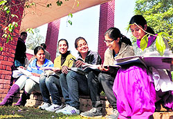Girls exchange banter on a college campus in Ludhiana