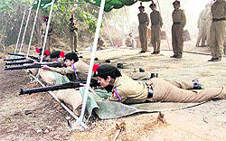 NCC cadets practise shooting during a camp at Government College for Women in Ludhiana