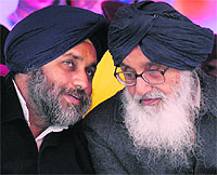 Deputy CM Sukhbir Badal with Chief Minister Parkash Singh Badal at the SADs political rally in Fatehgarh Sahib on Tuesday