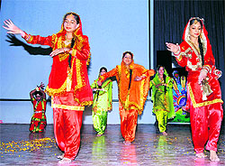 Girl students perform a dance during the annual day celebrations of Shivalik Public School in Mohali on Wednesday