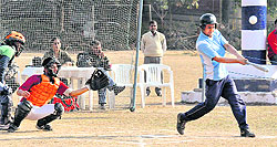 Players in action during a match of the Inter-College Softball Competition in Chandigarh on Wednesday