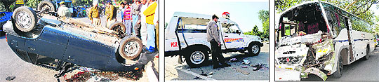 An overturned car at the Sector 18-7 roundabout; a PCR jeep that overturned near Sukhna Lake in Chandigarh on Wednesday; and A damaged bus, which hit a school bus at Sector 29 light point in Chandigarh on Wednesday