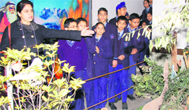 Students of AKSIPS, Sector 41, visit the Sector-19 church to view the Biblical exhibition in Chandigarh on Thursday.