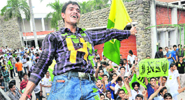 Supporters of INSO-SOPU-HPSC-SOI president elect in a jubilant mood at Postgraduate College, Sector 11, Chandigarh.