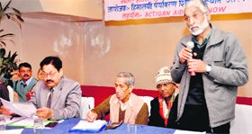 Hem Gairola, a social activist, addresses a workshop in Dehradun on Thursday.