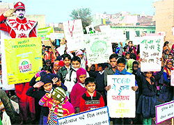 Schoolchildren take out a rally in support of environment in Gurgaon