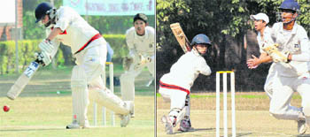 A player plays a shot in the 14th Blessed Edmund Rice Cricket Tournament at Sector 26, Chandigarh, on Friday; and (right) players in action during the match. 