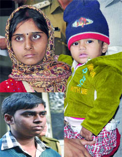 The child with her mother and the accused (inset).