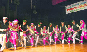 Students present a traditional dance item at the Kalibari Hall in Shimla on Friday. 
