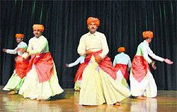 Artistes perform Kud dance at the auditorium of the Spiritual Growth Centre in Katra on Friday