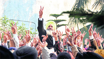 Expelled SAD leader Balwinder Singh Bains with his supporters at his residence in the Kot Mangal Singh area of Ludhiana on Friday. Tribune photo: Himanshu Mahajan