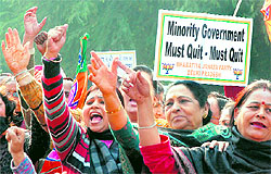 BJP activists hold a protest in front of the PM House in New Delhi on Friday
