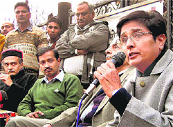 Team Anna members Kiran Bedi, Shanti Bhushan, Arvind Kejriwal and Prashant Bhushan addressing the media in Ghaziabad on Thursday