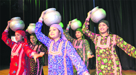 Girls perform Gojri dance at Spiritual Growth Centre in Katra on Saturday.