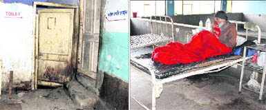 An under-construction washroom; (right) a patient covers his nose; and (nelow) the dirty orthopaedic ward at the Civil Hospital in Jalandhar. 