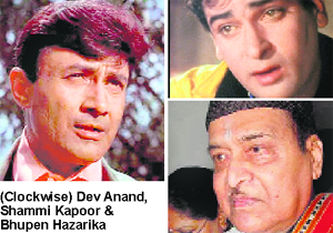 (Clockwise) Dev Anand, Shammi Kapoor &  Bhupen Hazarika