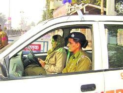 An all-woman PCR vehicle on duty near a girls college in Rohtak. 