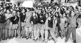 Students of Government Senior Secondary, Karanpur village, Pinjore block, stage a protest, in Panchkula
