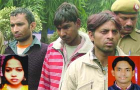 Three persons arrested for alleged involvement in the double murder of Sonika and Abhay (inset) in the Dwarka police station area on Monday