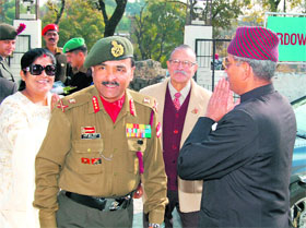 Lt Gen AK Choudhary, GOC of the Rising Star Corps, being received by retired officers at a function at Yol in Dharamsala on Monday. 