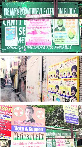 Posters and billboards of PPP chief Manpreet Badal, PPCC chief Capt Amarinder Singh and the SAD are yet to be removed from Jalandhar Cantonment