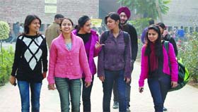 Students of Lovely Professional University near Jalandhar in a happy mood after returning from winter vacations on Monday