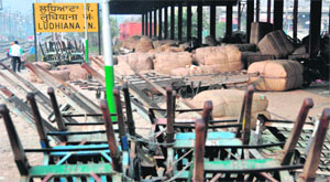 A number of parcels await loading on railway wagons at the Ludhiana railway station.