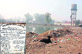 The sports stadium, foundation stone of which was laid in 1995, has turned into a pond and garbage dumping ground at Kot-ise-Khan town in Moga.