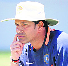 Sachin Tendulkar sits in the nets area during a practice session at the Sydney Cricket Ground on Monday.