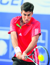 Indias Yuki Bhambri in action against Slovakian Karol Beck at the ATP Chennai Open on Monday. 