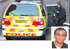 An officer stands guard as a car carrying Kiaran Stapleton, charged with the murder of Anuj Bidve (inset), arrives at a Manchester court on Monday.