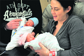 Twin babies Beckett and Freya, born to Darryl Humenny and Stephanie Peterson, at a birth centre in Minneapolis, USA, on January 1. The twins were born hours apart, one on December 31, 2011, and the other on January 1, 2012.