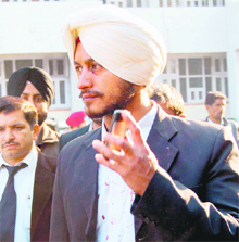 The injured advocate, Kuljit Singh, at the courts complex in Amritsar on Tuesday.